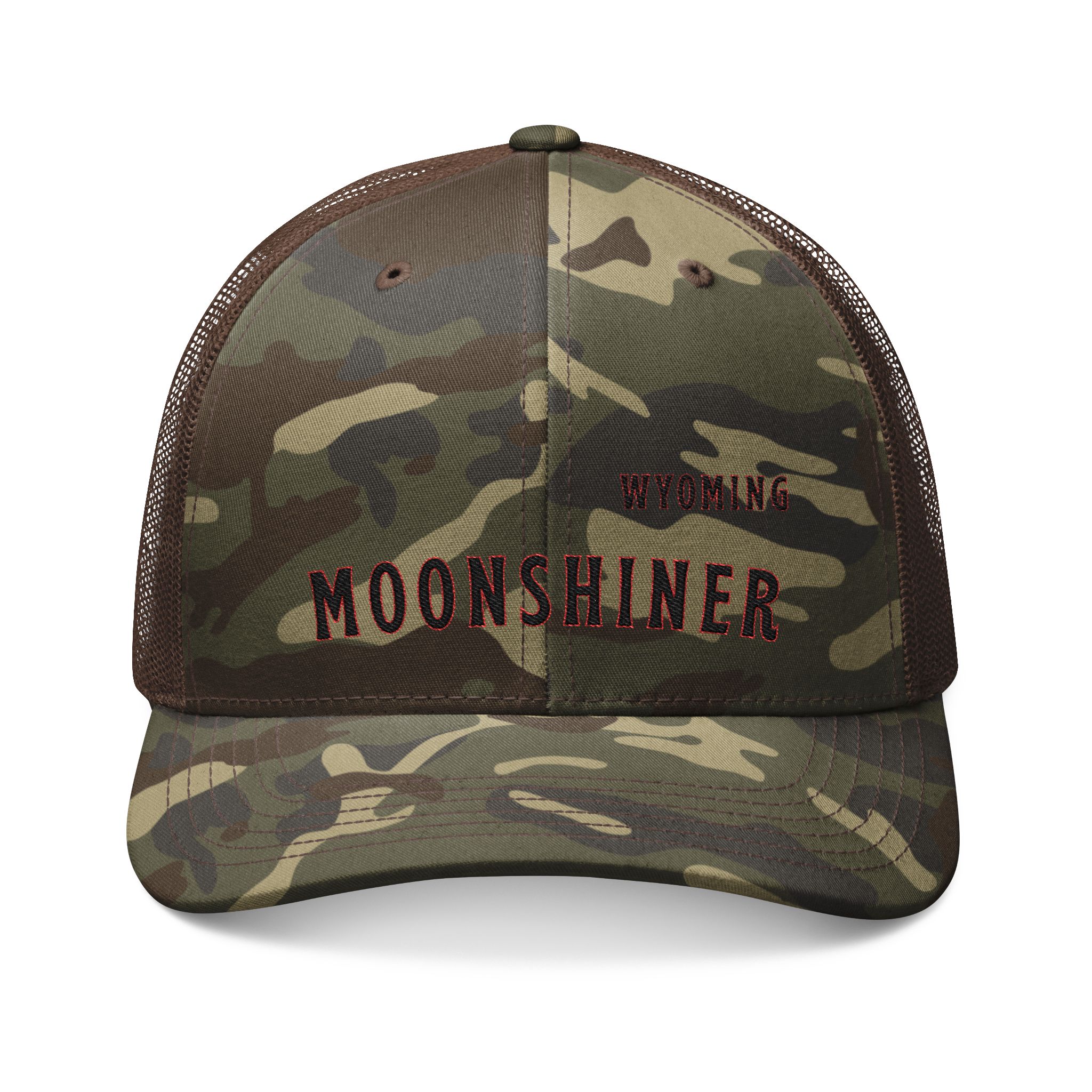 “Wyoming Moonshiner" Hat – Camo Trucker Cap for Home Distillers, Moonshine Enthusiasts & Appalachian Heritage Gear - Image 3
