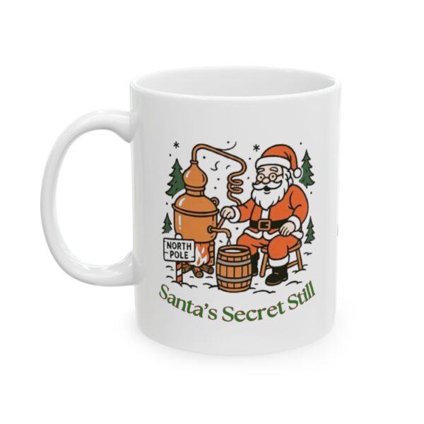 "Santa's Secret Still" Mug – Modern Moonshiner's Christmas Coffee Cup for Home Distillers, Moonshine Gifts, Whiskey Lovers